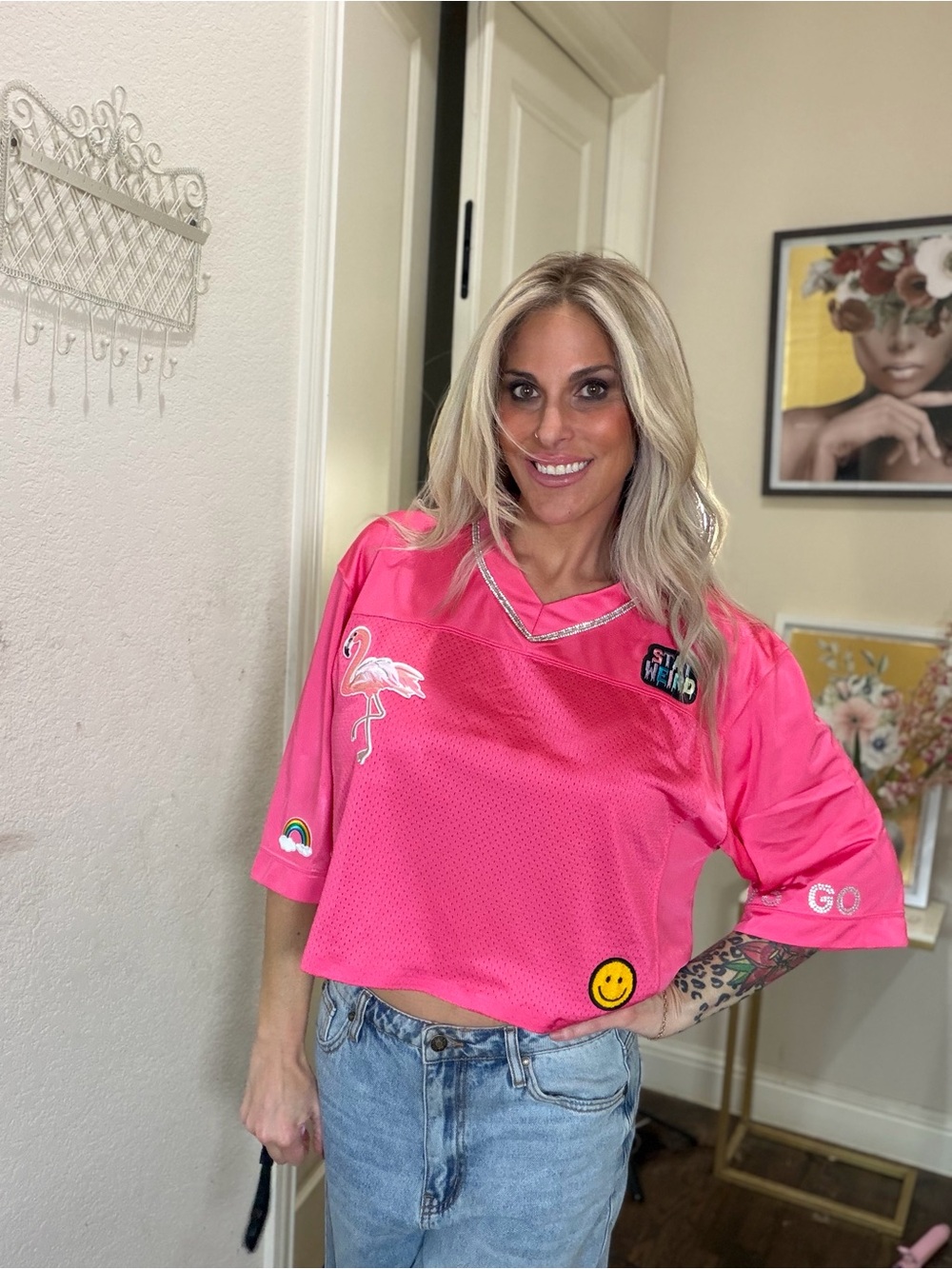 Hot Pink Patchwork Flamingo Graphic Top